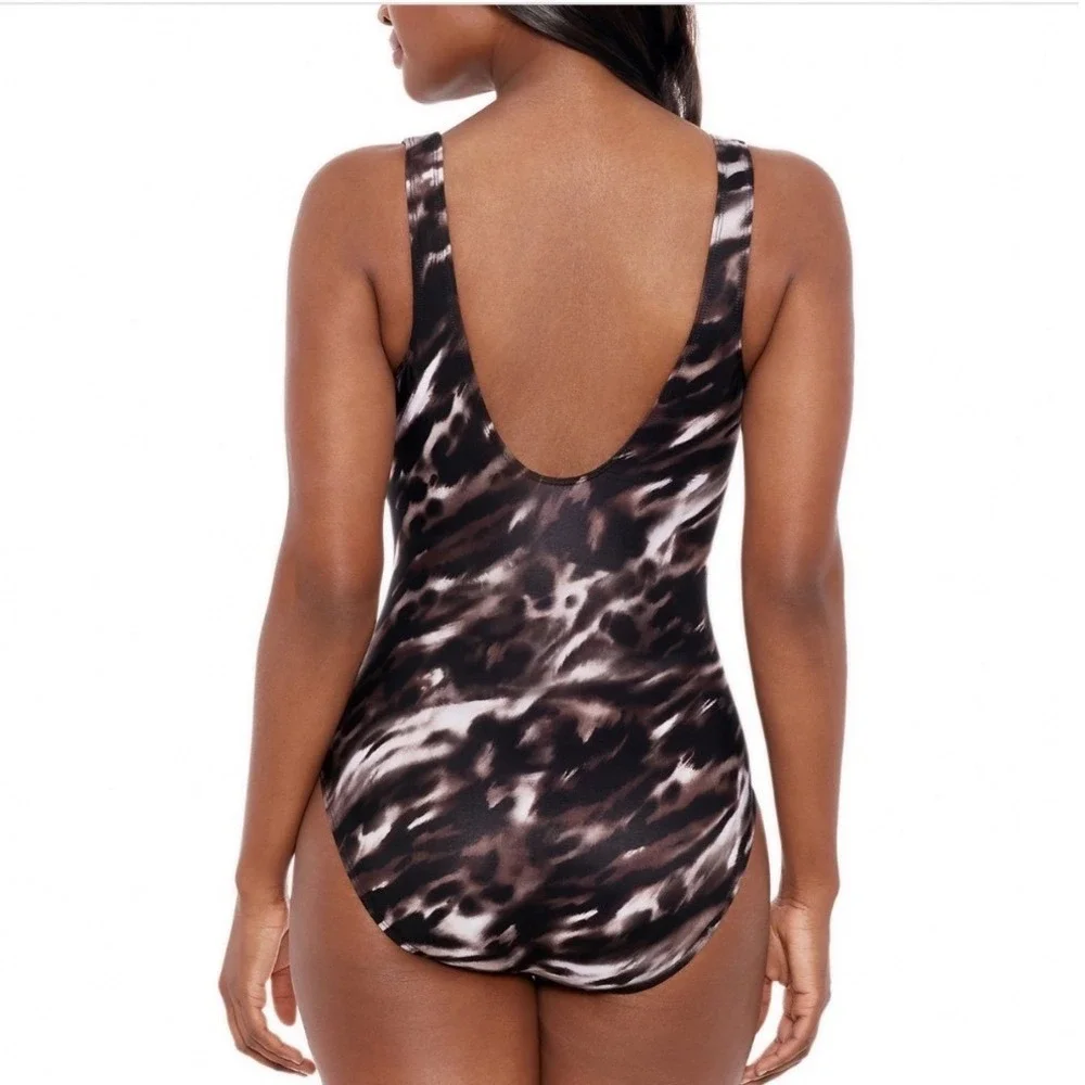 Miraclesuit Tempest‎ Escape Tummy Control One Piece Swimsuit Black Brown 16 NEW